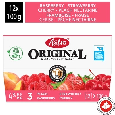 Astro Original Fruit On The Bottom Yogurt Strawberry Raspberry Black Cherry Nectarine 4% 12x100.0 g, $0.73/100g