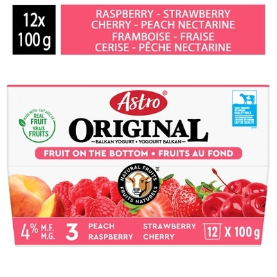 Astro Yogourt fruits au fond original fraises/framboises/cerises noires/nectarines 4 % 12x 12x100.0 g, 0,67 $/100g