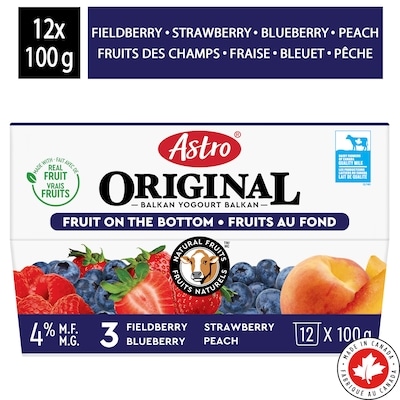 Astro Yogourt fruits au fond original pêches/fruits des champs/fraises/bleuets 4 % 12x 12x100.0 g, 0,73 $/100g