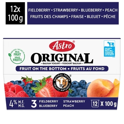Astro Yogourt fruits au fond original pêches/fruits des champs/fraises/bleuets 4 % 12x 12x100.0 g, 0,73 $/100g