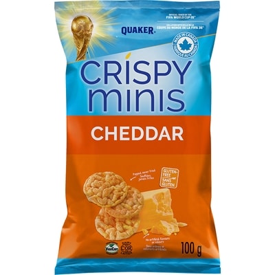 Quaker Crispy Minis Cheddar flavour brown rice chips 100 g, $4.29/100g