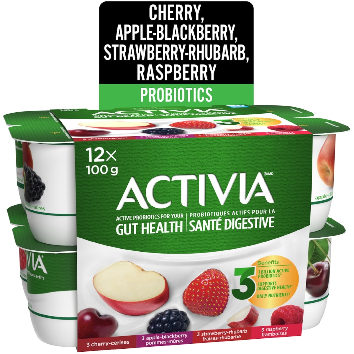 Activia Probiotic Yogurt, Strawberry/Blueberry/Raspberry/Peach 12x100.0 g, $0.52/100g