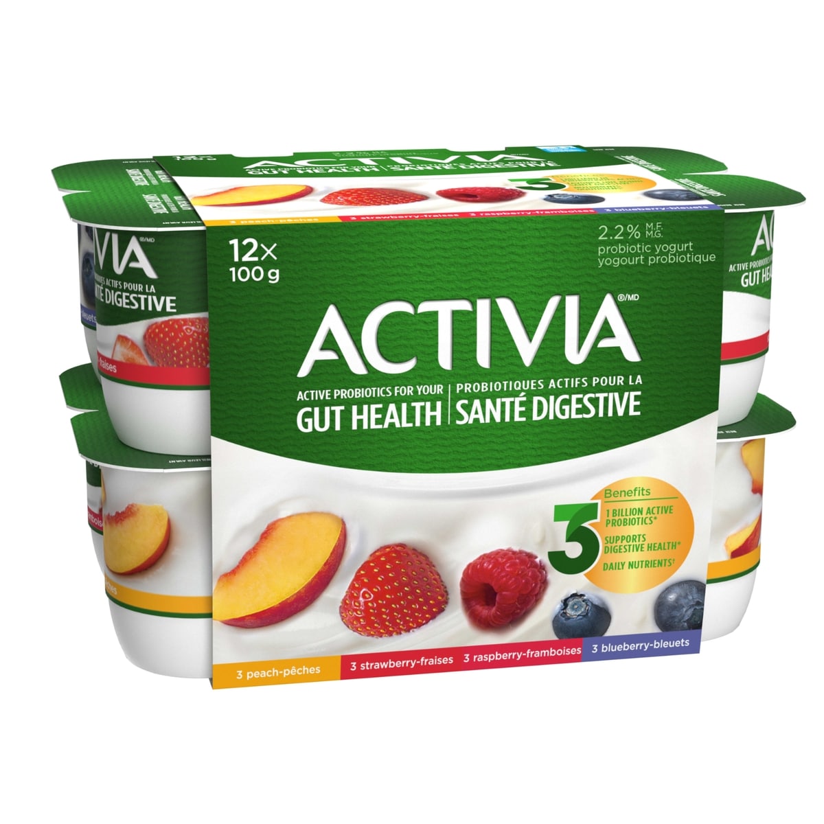 Activia Probiotic Yogurt, Strawberry/Blueberry/Raspberry/Peach 12x100.0 g, $0.75/100g