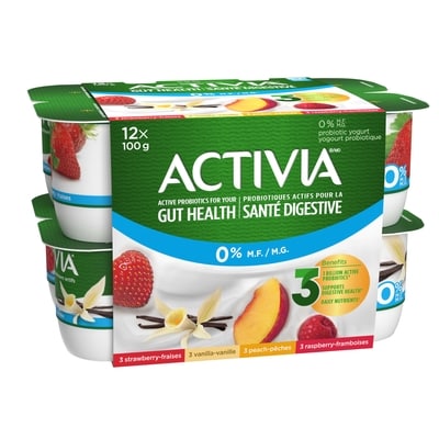 Activia Probiotic Yogurt, Fat Free, Vanilla/Strawberry/Peach/Raspberry 12x100.0 g, $0.72/100g