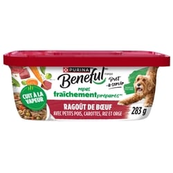 Purina Beneful ragoût de bœuf avec petits pois, carottes, riz et orge 283 g, 1,34 $/100g