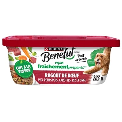 Purina Beneful ragoût de bœuf avec petits pois, carottes, riz et orge 283 g, 1,34 $/100g
