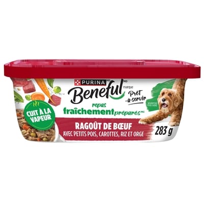 Purina Beneful ragoût de bœuf avec petits pois, carottes, riz et orge, nourriture humide pour chiens 283 g, 1,16 $/100g