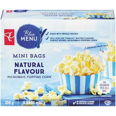 PC Blue Menu Natural Flavour Microwave Popcorn, Mini Bags 8x32.0 g, $1.95/100g