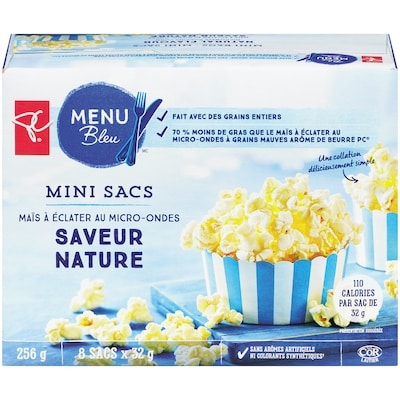 PC Menu Bleu Maïs à éclater au micro-ondes saveur nature, mini sacs 8x32.0 g, 1,95 $/100g