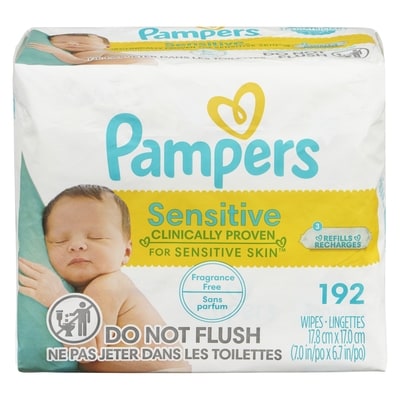 Pampers Lingettes pour bébés non parfumées Pampers Sensitive, 3X emballages de recharges (boîte non incluse), 192 lingettes 192 ea, 0,05 $/1ch