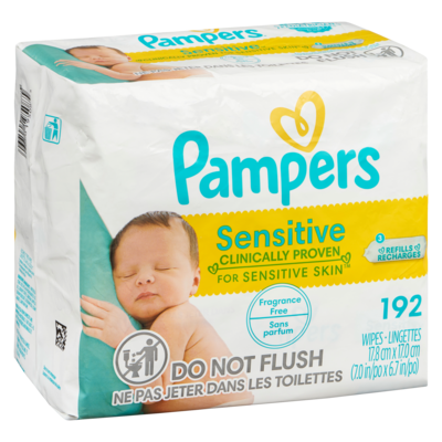 Lingettes pour bébés non parfumées Pampers Sensitive, 3X emballages de recharges (boîte non incluse), 192 lingettes