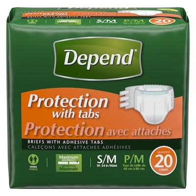 Depends Briefs With Adhesive Tabs Unisex Maximum Absorbency S/M 20 ea, $1.15/1ea