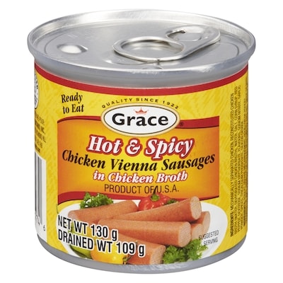 Grace Chicken Vienna Sausages In Chicken Broth, Hot & Spicy 130 g, $1.53/100g
