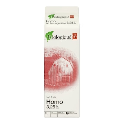 PC Biologique Lait Homogénéisé 1 l, 0,50 $/100ml