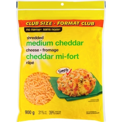 No Name Shredded Medium Cheddar Cheese 900 g, $1.72/100g
