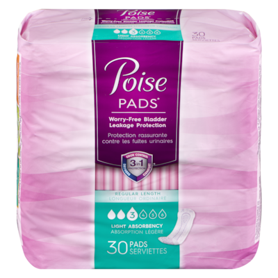 Poise Serviettes hygiéniques ultraminces à absorption légère régulières 30 ea, 0,25 $/1ch