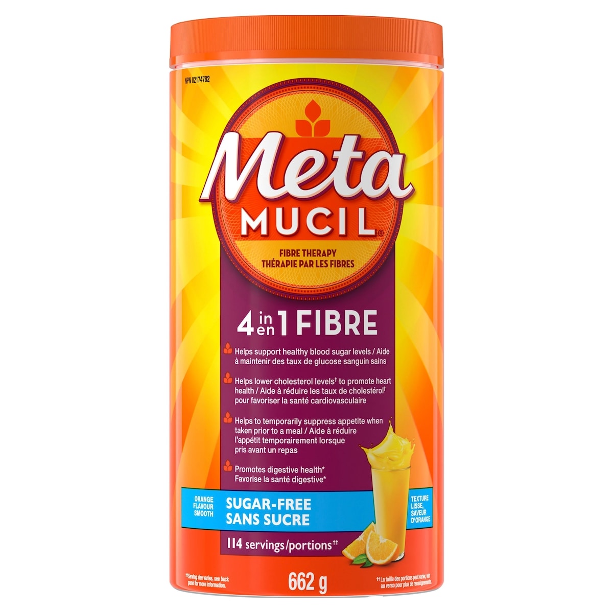 Metamucil Fibres MultiSanté orange sans sucre 660 g, 5,45 $/100g