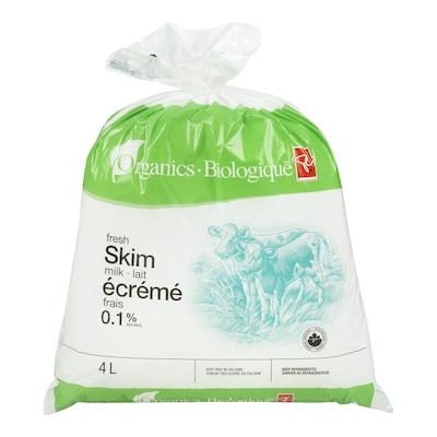 PC Organics Organic Skim Milk 4 l, $0.27/100ml
