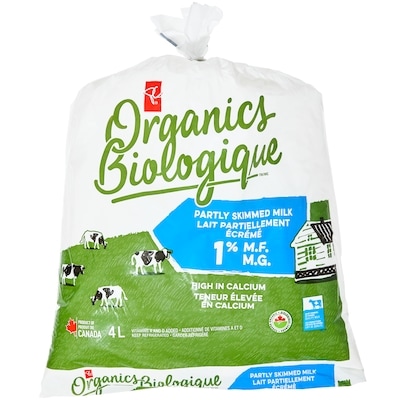 PC Biologique Lait Partiellement Écrémé 1 % 4 l, 0,30 $/100ml