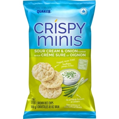Quaker Crispy Minis Sour Cream & Onion flavour brown rice chips 100 g, $4.49/100g