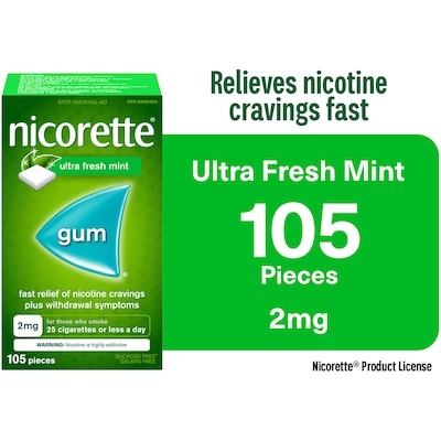 Nicorette Nicotine Gum, 2 mg, Ultra Fresh Mint 105 ea, $0.39/1ea