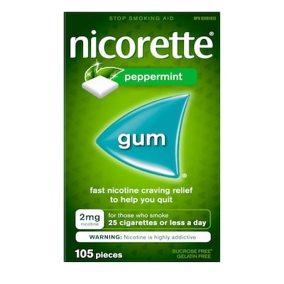 Nicorette Gomme de nicotine, aide pour cesser de fumer, Menthe Poivrée, 2 mg 105 ea, 0,42 $/1ch