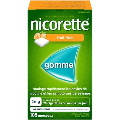 Nicorette Gomme à 2 mg de nicotine, Fruits frais 105 ea, 0,43 $/1ch