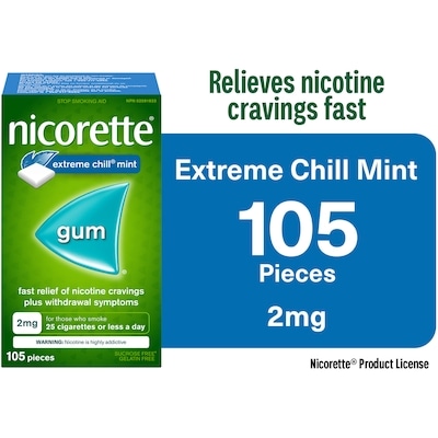 Nicorette Nicotine Gum, 2 mg, Extreme Chill Mint 105 ea, $0.39/1ea