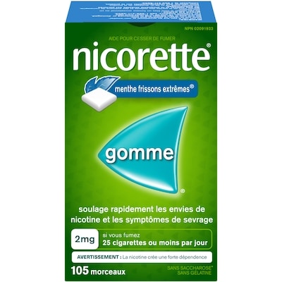 Nicorette Gomme à 2 mg de nicotine, saveur de menthe Frissons extrêmes 105 ea, 0,43 $/1ch