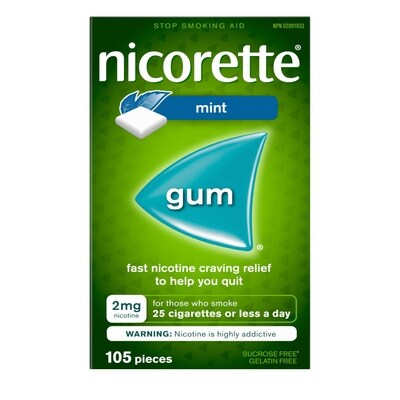 Nicorette Gomme à 2 mg de nicotine, saveur de menthe Frissons extrêmes 105 ea, 0,42 $/1ch