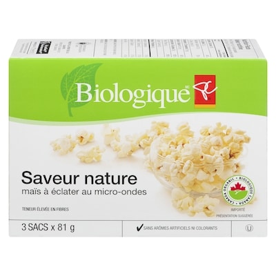 PC Biologique Maïs À Éclater Au Micro-Ondes Naturel 243 g, 2,67 $/100g