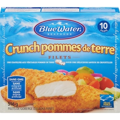 BlueWater Seafoods Filets crunch aux pommes de terre, Goberge sauvage, Congelé, 10 morceaux 516 g, 1,74 $/100g