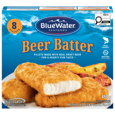 BlueWater Seafoods Beer Battered Fish, Wild Caught Pollock, Frozen, 8 Count 450 g, $2.00/100g