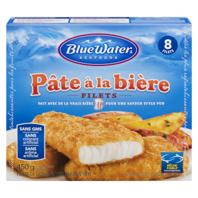 BlueWater Seafoods Filets en pâte à la bière, Goberge sauvage, Congelé, 8 morceaux 450 g, 2,00 $/100g