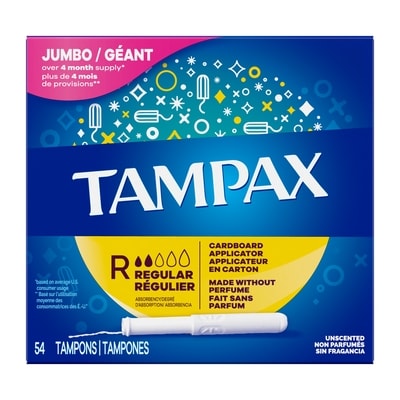 Tampax Cardboard Tampons Regular Absorbency, Anti-Slip Grip, LeakGuard Skirt, Unscented, 54 Count 54 ea, $0.28/1ea