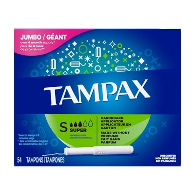 Tampax Cardboard Tampons Super Absorbency, Anti-Slip Grip, LeakGuard Skirt, Unscented, 54 Count 54 ea, $0.24/1ea