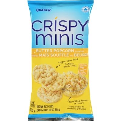 Quaker Crispy Minis Croustilles de riz brun Saveur Maïs soufflé au beurre 100 g, 3,50 $/100g