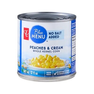 PC Blue Menu Whole Kernel Corn, Peaches & Cream No Salt Added 341 ml, $0.52/100ml