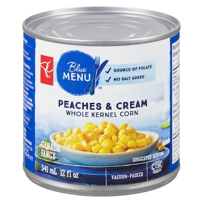 PC Blue Menu Whole Kernel Corn, Peaches & Cream No Salt Added 341 ml, $0.51/100ml