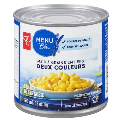 PC Menu Bleu Maïs à grains entiers deux couleurs sans sel ajouté 341 ml, 0,52 $/100ml