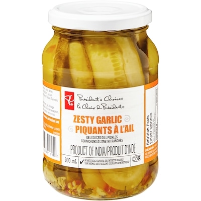 le Choix du Président Cornichons à l’aneth tranchés piquants à l’ail 500 ml, 1,00 $/100ml