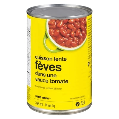Sans Nom Fèves dans une sauce tomate, cuisson lente 398 ml, 0,50 $/100ml