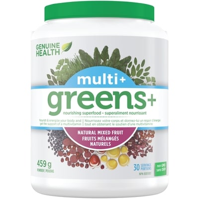 Genuine Health multi, greens+, fruits mélangés naturels, multivitamine quotidienne, superaliment en poudre 459 g, 16,56 $/100g