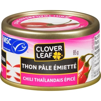 Clover Leaf Thon pâle émietté dans une sauce chili thaïlandaise épicée 85 g, 1,18 $/100g