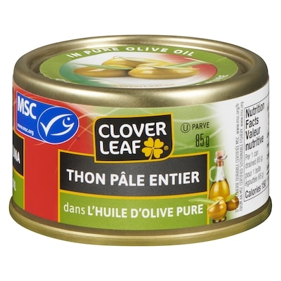 Clover Leaf Thon pâle entier dans l’huile d’olive 85 g, 2,34 $/100g