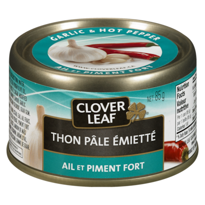 Clover Leaf Thon pâle émietté, à l'ail et au piment fort 85 g, 2,58 $/100g