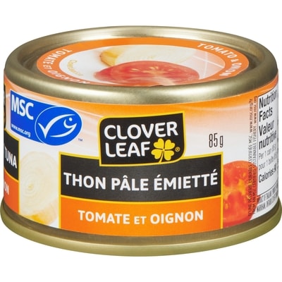 Clover Leaf Thon pâle émietté à la tomate et à l’oignon 85 g, 2,93 $/100g