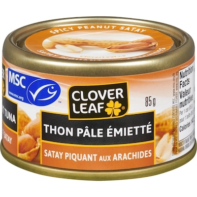 Clover Leaf Thon pâle émietté à la sauce satay piquante aux arachides 85 g, 2,58 $/100g