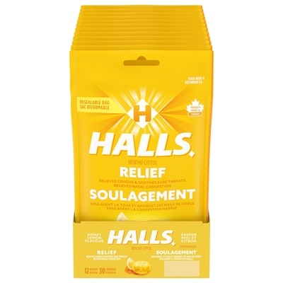 Halls Mentho-Lyptus Miel et citron, soulagement des maux de gorge sac de 30 pastilles (emballage de 12) 12x30.0 ea, 0,11 $/1ch