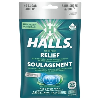Halls Mentho-Lyptus Saveur de menthes assorties sans sucre ajouté, sac de 25 pastilles 25 ea, 0,20 $/1ch